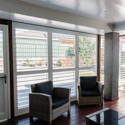 Australia made White plantation shutters installed by Australian Plantation Shutters in Alfresco