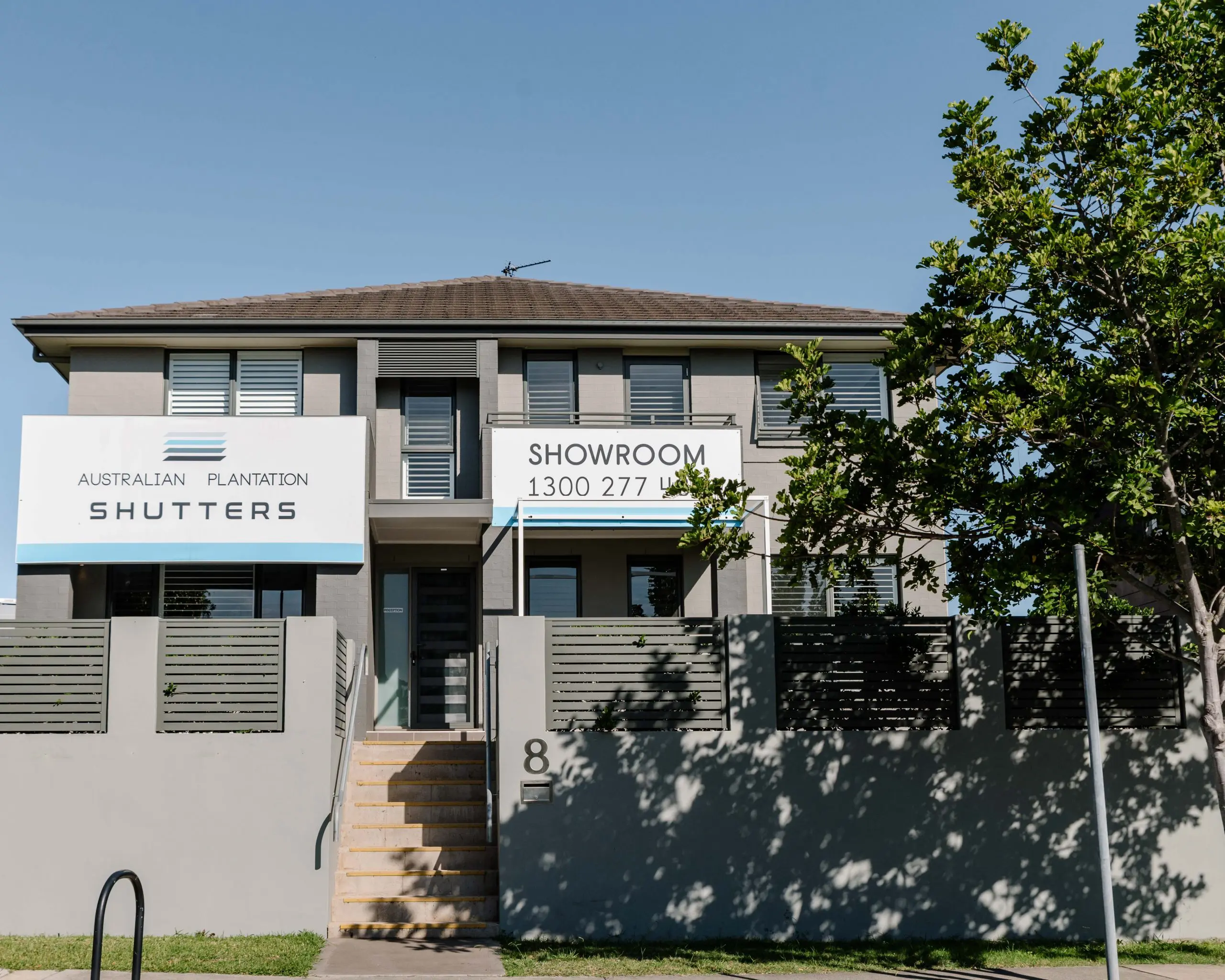Australian Plantation Shutters show room with signage at Hunter region.